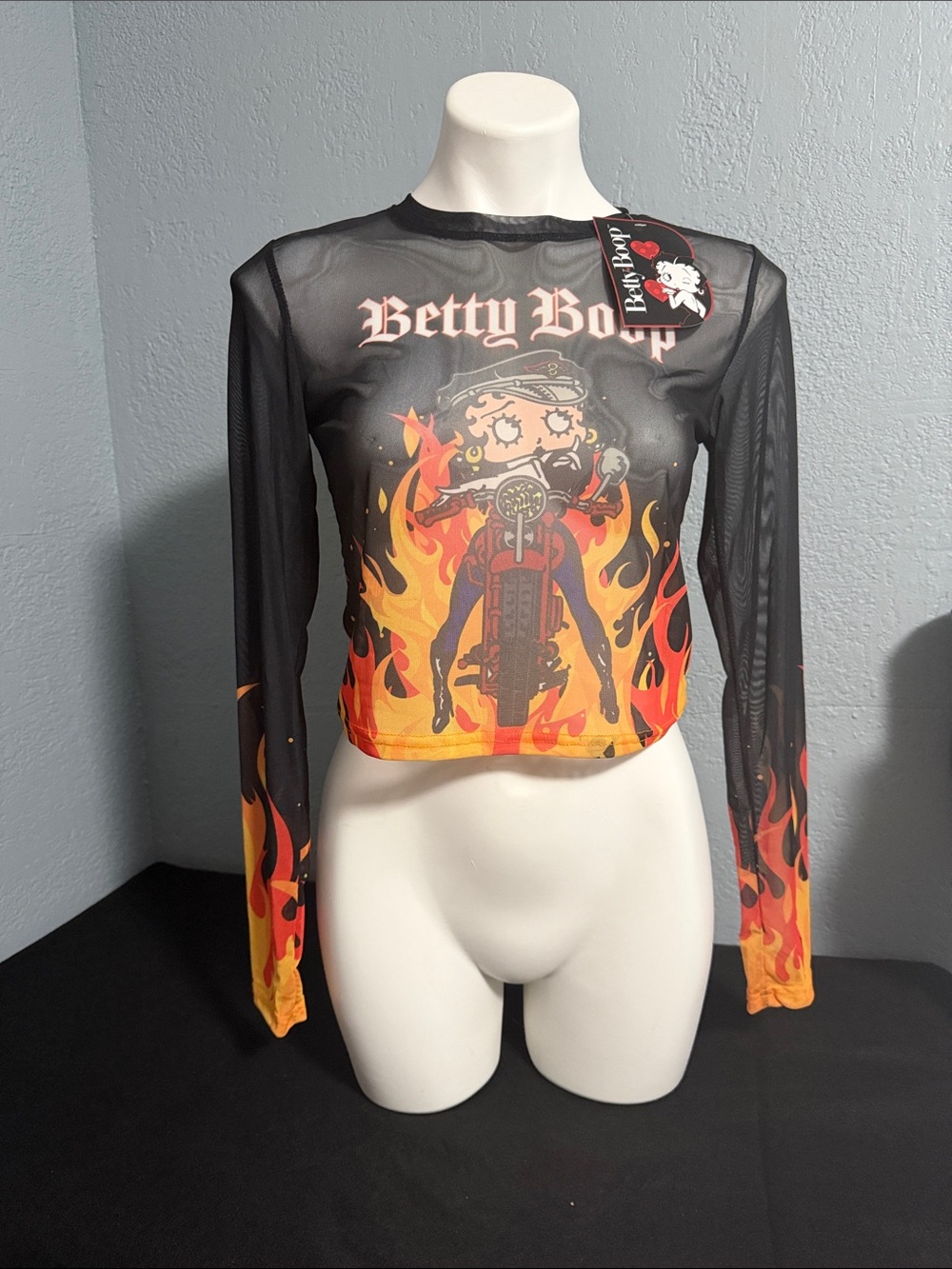 Betty Boop Black Mesh Long Sleeve Crop Top with Flame Graphic